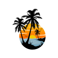 Fototapeta na wymiar sunset logo inspiration design. beach, palm trees and sunset concept.