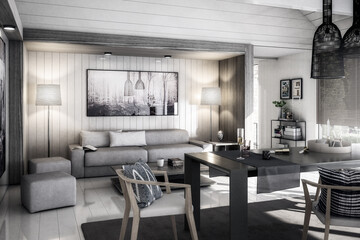 Modern Furnishings Inside an Attic Designed in White Wood - black and white 3D Visualization