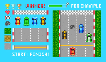 Naklejka na ściany i meble Pixel art 8-bit Race game with Cars and objects - vector design. Pixel set for Race arcade in retro style. Top view
