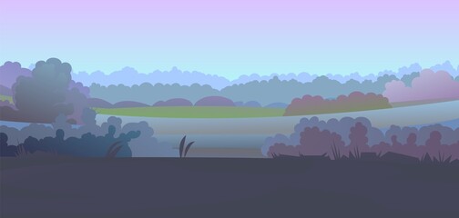 Evening landscape. Rural countryside beautiful view. Twilight after sunset. In pink and lilac colors. Early in the morning before dawn. Fields and meadows. Flat style. Vector