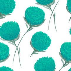 Floral seamless pattern. Hand drawn watercolor painting turquoise flowers with leaves on white background. Beautiful nature template for design, textile, wrapping.