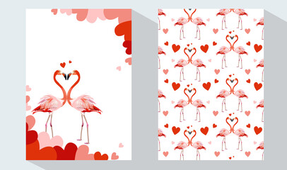 Romantic Valentine's Day template. Invitation card with Two flamingos in love and tropical palm leaves, plants, bird of paradise.Wedding invitation card, flyer, banner 