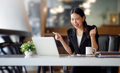 Happy excited successful businesswoman triumphing in office, Portrait of Business people employee freelance online marketing e-commerce telemarketing concept.