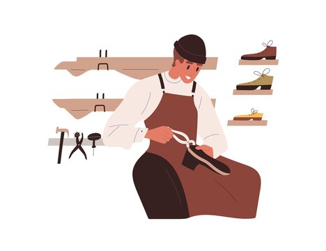 Artisan during shoe making process. Cobbler repairing boots. Shoemaker in apron at work, manufacturing handmade footwear. Flat graphic vector illustration of craftsman isolated on white background