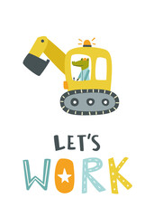 Cartoon crocodile working on excavator. Funny nursery poster. Print with doodle animal on construction machine.