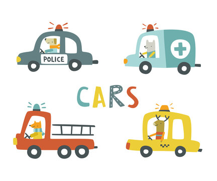Doodle animals drive cars set. Cute baby vehicle print collection. Cartoon police car, fire engine, taxi, ambulance with mammal drivers.