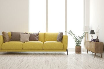 White living room with sofa. Scandinavian interior design. 3D illustration