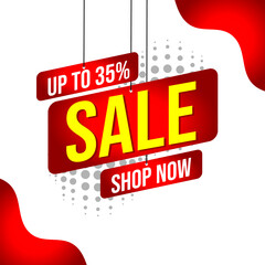 Super sale banner design template text on ribbon, up to 35% off shop now, special offer. Vector, Illustrations
