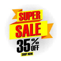 Super sale banner design template text on ribbon, up to 35% off shop now, special offer. Vector, Illustrations
