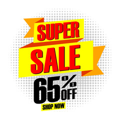 Super sale banner design template text on ribbon, up to 65% off shop now, special offer. Vector, Illustrations
