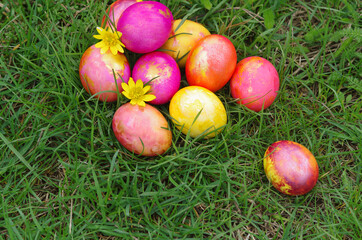 Multicolored bright Easter eggs in the grass