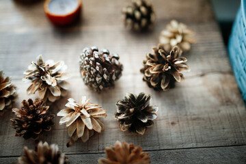 cones for decor, larch and pine cones bleached with chlorine bleach on a wooden table, materials for creativity