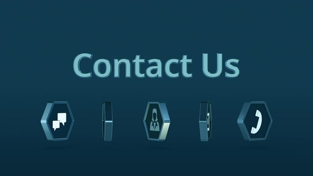 contact us animation with spinning icons, concept of customer care support, help desk, call center, luma matte for background replacement (3d render)