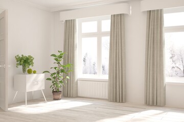 Mock up of empty room in white color with winter landscape in window. Scandinavian interior design. 3D illustration