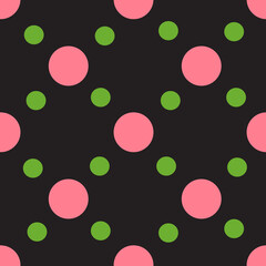 Dark brown background with pink and green circles. Abstract retro seamless pattern.