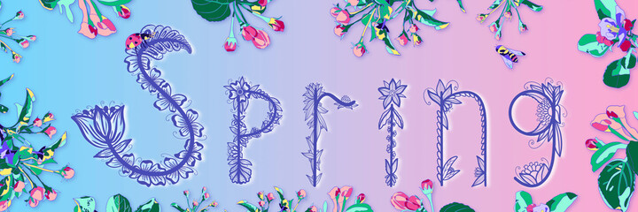 Blooming branches of an apple tree with pink buds and the inscription spring on a gradient blue-pink background. Spring banner.