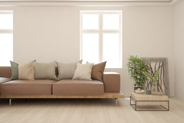 White living room with sofa. Scandinavian interior design. 3D illustration