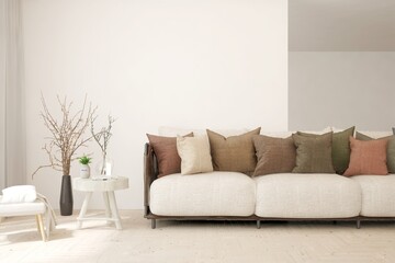 Obraz premium White living room with sofa. Scandinavian interior design. 3D illustration