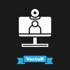 White Video chat conference icon isolated on black background. Computer with video chat interface active session on screen. Vector Illustration