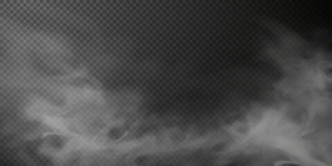 White smoke puff isolated on transparent black background. PNG. Steam explosion special effect. Effective texture of steam, fog, smoke png. Vector illustration	