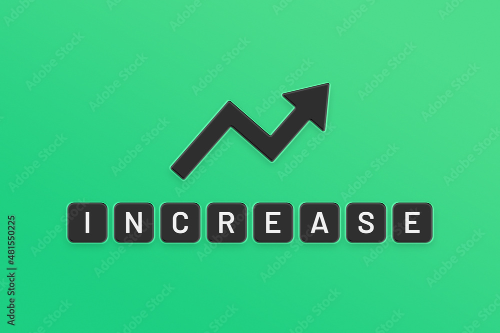 Poster increase text with arrow up on green background.