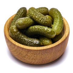 Bowl of Tasty canned Whole green cornichons isolated on a white background