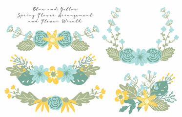 set of blue and yellow spring flower arrangement and wreath