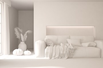 White minimalist living room with sofa. Scandinavian interior design. 3D illustration