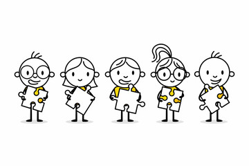 Businessmen connecting puzzle elements. Hand drawn doodle man. Business concept with funny stickman. Vector stock illustration.