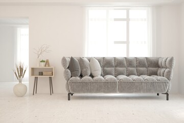White living room with sofa. Scandinavian interior design. 3D illustration