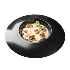 Isolated portion of gourmet risotto with truffles on white background