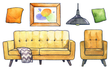 Living Room Furniture Set Watercolor Sofa Armchair Painting Lamp Cushions Plaid Retro Style Upholstered Yellow Orange Interior Design Home