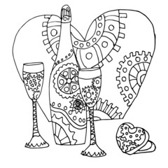 Champagne, glasses and a steampunk wedding ring. Festive vector illustration of a table for a romantic dinner in a linear style.  beautiful square valentine in the style of a doodle sketch