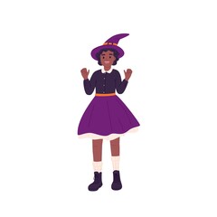 Kid in Halloween witch costume. Happy excited girl disguised for October autumn carnival. African-American child in pointy hat portrait. Flat vector illustration isolated on white background