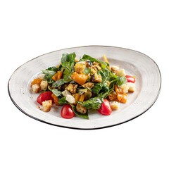 Isolated plate of fried eggplant salad with croutons
