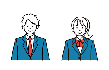 正面を向いている男子学生と女子学生のシンプルイラストセット