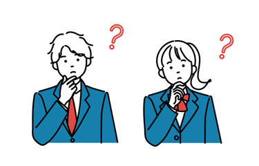 あごに手をあてて考えている男子学生と女子学生のシンプルイラストセット