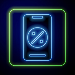Glowing neon Percent discount and mobile phone icon isolated on blue background. Sale percentage - price label, tag. Vector