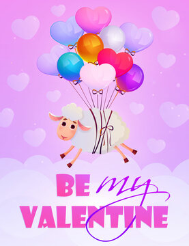 Cute valentine postcard with cartoon sheep flying in the sky with coloful balloons