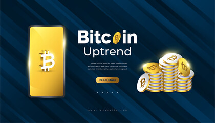 Bitcoin Cryptocurrency Banner Design with Pile of Gold Bitcoin and Smartphone. Digital Currency Background
