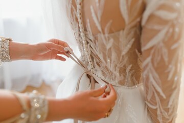 Bride dressing wedding gown. morning bride