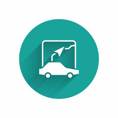 White Infographic of city map navigation icon isolated with long shadow background. Mobile App Interface concept design. Geolacation concept. Green circle button. Vector