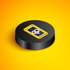 Isometric line Smartphone with free wi-fi wireless connection icon isolated on yellow background. Wireless technology, wi-fi connection, wireless network. Black circle button. Vector