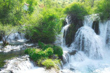 The might of nature - waterfalls of the beautiful mountain river Una in Martin Brod village of Bosnia and Herzegovina