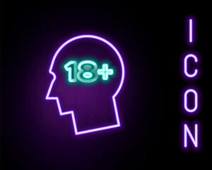 Glowing neon line Human head with inscription 18 plus icon isolated on black background. 18 plus content sign. Adults content only icon. Colorful outline concept. Vector