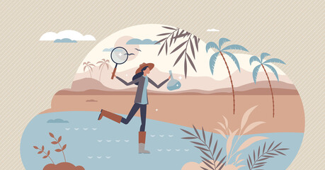 Environmental scientist occupation to protect nature tiny person concept. Professional ecology worker for clean and sustainable environment vector illustration. Scientific biological flora researcher.