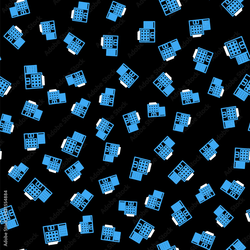 Poster line hotel building icon isolated seamless pattern on black background. vector