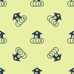 Blue House with dollar symbol icon isolated seamless pattern on yellow background. Home and money. Real estate concept. Vector