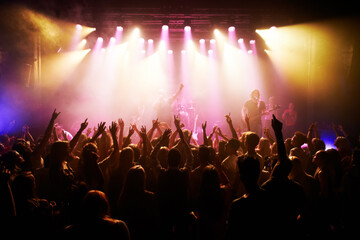 Feeling the concert vibe. Rear-view of a cheering crowd at a music concert- This concert was...