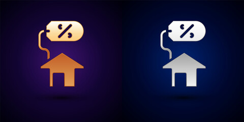 Gold and silver House with percant discount tag icon isolated on black background. Real estate home. Credit percentage symbol. Vector